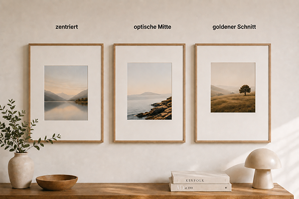 a wall with 3 picture frames with passepartouts hanging to compare different positions such as centered, optical center, or golden ratio