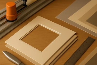 quadratische Passepartouts auf einem Tisch mit Lineal